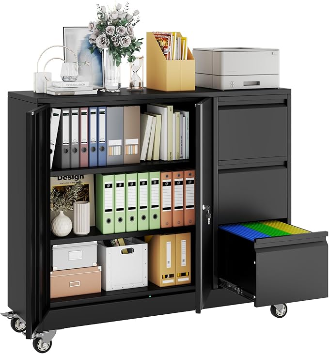 pozdeg Lockable Lateral File Cabinet with Gooseneck Handle, 3 Drawer Mobile Rolling File Cabinet with Wheels, Anti-Rust Sturdy Steel Cabinet for Home Office Workspace Organization (Black)