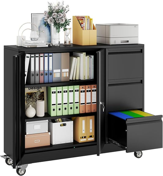 pozdeg Lockable Lateral File Cabinet with Gooseneck Handle, 3 Drawer Mobile Rolling File Cabinet with Wheels, Anti-Rust Sturdy Steel Cabinet for Home Office Workspace Organization (Black)