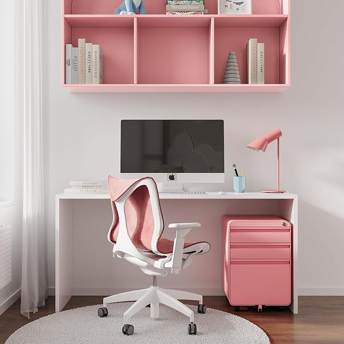 Dripex 3 Drawer Pink File Cabinet, Mobile Under Desk Storage File Cabinet with Lock on Wheels, Letter/Legal Size,Fully Assembled, Small Short Vertical Metal Rolling Filing Cabinets for Home Office