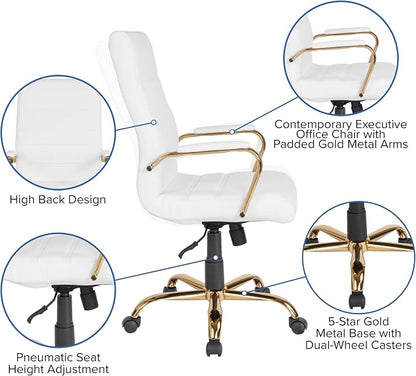 Flash Furniture Whitney Mid-Back Swivel LeatherSoft Desk Chair with Padded Seat and Armrests, Adjustable Height Padded Office Chair, 27"D x 26"W x 43"H, White/Gold