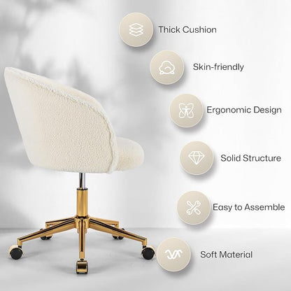 KCC Faux Fur Office Desk Chair, Comfy Fluffy Swivel Modern Leisure Armchair with Wheels, Upholstered Comfy Fuzzy Vanity Makeup Chair Height Adjustable for Teens Women Girls Elegant Home Office