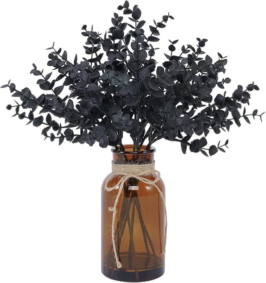 Coferset Black Eucalyptus Stems in Glass Vase with Faux Water for Halloween Decorations, 14" Eucalyptus Fake Plants for Home Bathroom Office Kitchen Farmhouse Shelf Centerpiece Coffee Table Decor