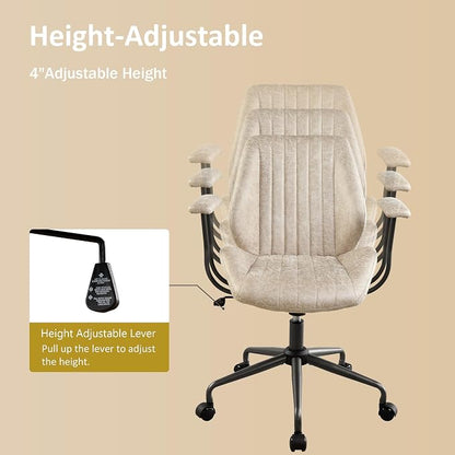 Mid Back Home Office Chair, Mid Century Modern Executive Chair, Comfy Ergonomic Rolling Office Desk Chair with Lumbar Support, Faux Leather Office Chair, Beige