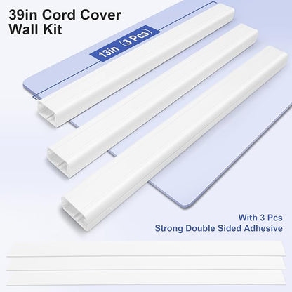 39in Cord Covers for Wires on Wall, YCLYC Wall Cord Cover, Large TV Cable Hider Wall Kit, White TV Cord Hider for Wall Mounted TV, Electrical Cable Raceway Cord Organizer, 3 X L13in W1.2 H0.7