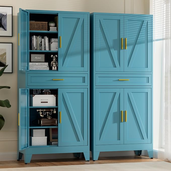 Baborokic 71" Tall Metal Storage Cabinet with Adjustable Shelves,Farmhouse Kitchen Pantry Cabinet with 2 Barn Doors and Drawer,Large Storage Cabinets for Dining Room,Bathroom,Living Room(Blue)