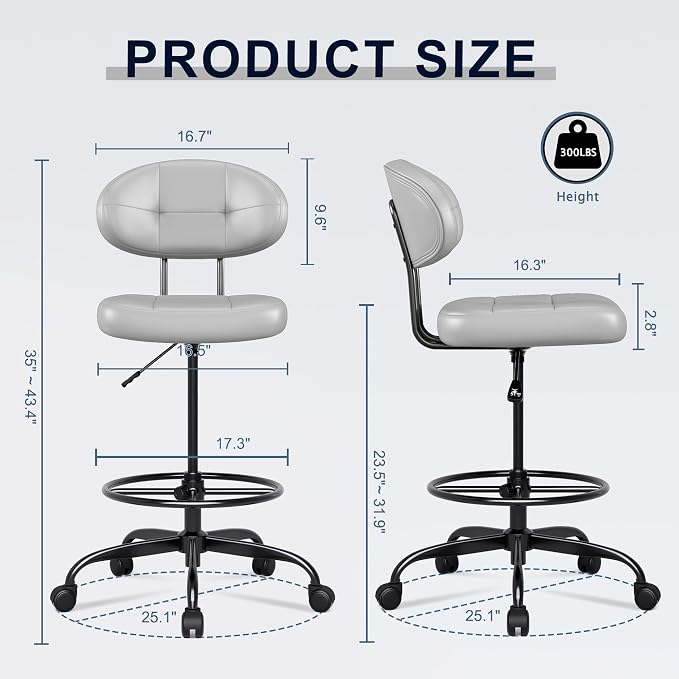 Misolant Drafting Chair, Armless Tall Office Chair with Footrest Ring for Standing Desk, Small Faux Leather Executive Computer Chair with Adjustable Height for Bar Lab Counter Height Desk, Gray