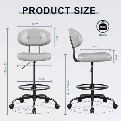 Misolant Drafting Chair, Armless Tall Office Chair with Footrest Ring for Standing Desk, Small Faux Leather Executive Computer Chair with Adjustable Height for Bar Lab Counter Height Desk, Gray