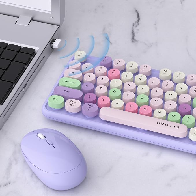 UBOTIE Colorful Wireless Keyboard and Mouse Combos, Retro Typewriter Floating Flexible Full-Sized Keys Computer Keyboard with Optical Mouse, 2.4GHz USB-A Connection for Windows Mac (Purple-Colorful)