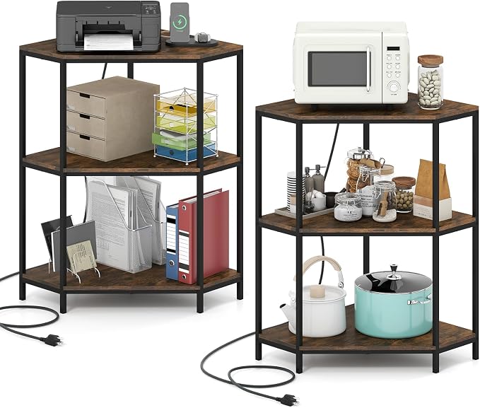 Giantex 2-Pack Corner Printer Stand, 3-Tier Corner Shelf with Charging Station and Metal Frame, Small Industrial Bookshelf, Printer Table for Living Room, Kitchen, Home Office