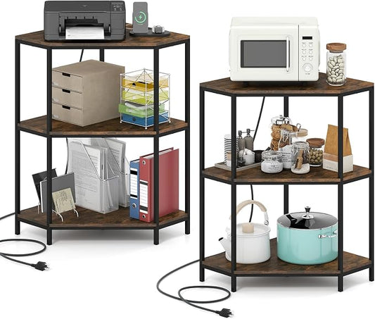 Giantex 2-Pack Corner Printer Stand, 3-Tier Corner Shelf with Charging Station and Metal Frame, Small Industrial Bookshelf, Printer Table for Living Room, Kitchen, Home Office