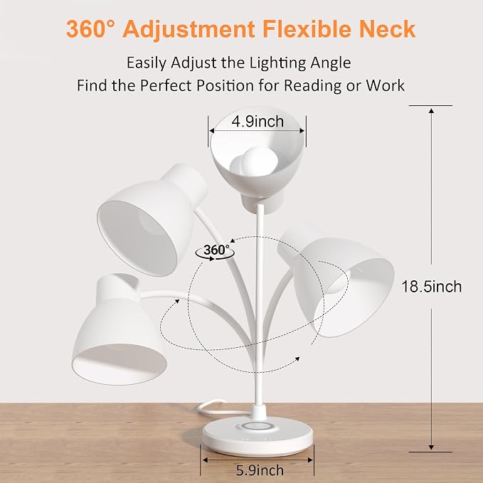 Desk Lamp for Home Office - LED Desk Lamp with Wireless Charger, 3 Color Modes Dimmable Eye-Caring Study Reading Desk Light, Small Flexible Arm Table Lamp for College Dorm Room Bedside, White