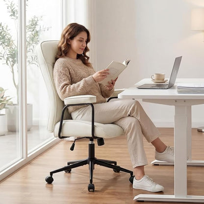 Furniliving Leather Office Chair, Comfy Home Office Desk Chair, Mid Century Modern Office Chair with Lumbar Support, Mid-Back Adjustable Swivel Computer Chair with Wheels and Arms, Cream White