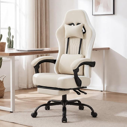 Computer Gaming Chair - High Back Ergonomic Desk Chair with Footrest and Lumbar Support, Height Adjustable Task Chair with Linkage Armrests and Headrest, 360° Swivel Wheels, Khaki
