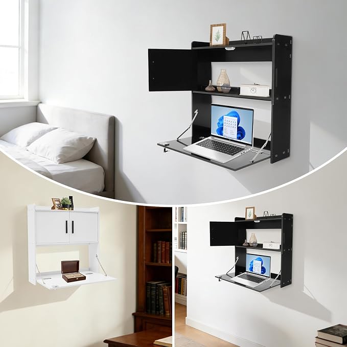 Wall Mounted Desk Cabinet with Storage, Fold Down Computer Desk, Space Saving Floating Workstation for Home Office, Laptop Writing Table (Black)
