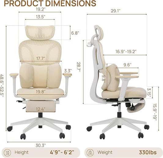 CabLady S1 High Back Ergonomic Mesh Office Chair with Footrest, 300 lbs | 115° Recline Lock, Adjust Seat Depth, 2D Arms, 3D Headrest, Detachable Lumbar Support, Breathable Mesh, BIFMA, Cream