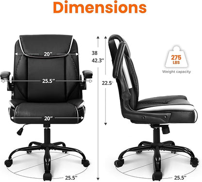 NEO CHAIR Desk Office Gaming Computer Chair Ergonomic Executive Mid-Back Leather with Adjustable Padded Flip-Up Armrests Cushion Wheels Swivel for Home Study Task (Black White)