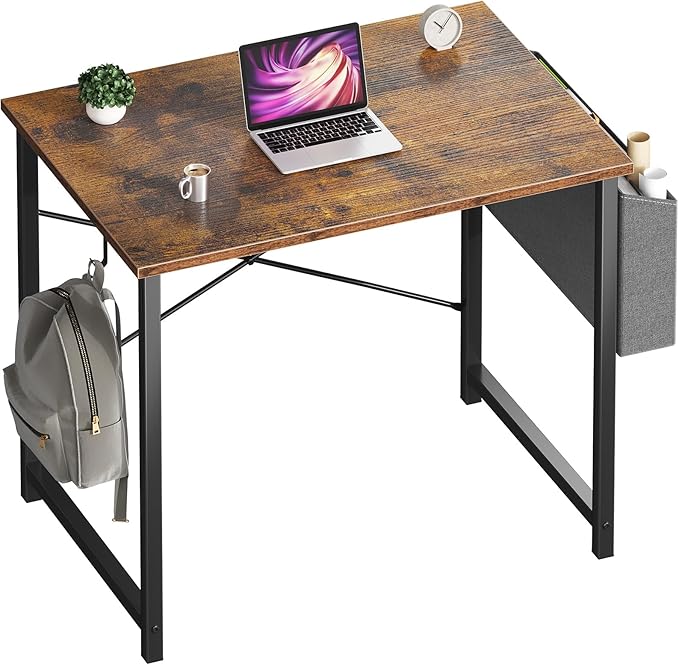 OLIXIS Small Computer Desk, 31 Inch Home Office Desks, Writing Study Craft Work Gaming Table, Computer Workstation for Bedroom Small Spaces with Storage Bag and Headphone Hook, Rustic Brown