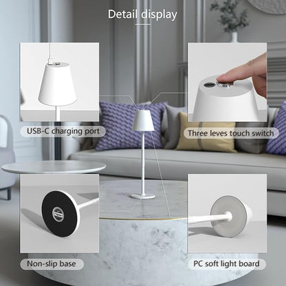 Timjorman 4-Pack Cordless Table Lamps - 5000mAh Rechargeable Battery Operated Desk Lamp, 3-Level Dimmable LED Night Light for Bedroom, Dining, Restaurant - Metal Design(White 4PACK)