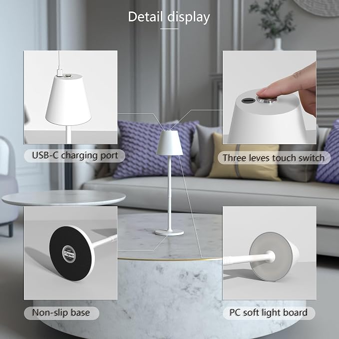 Timjorman Modern LED Cordless Table Lamp, 4000mAh Rechargeable Battery, 3 Level Brightness Night Light, Metal Shell, Minimalist Design, for Couples Dinner/Coffee Table/Restaurant/Bedroom, White