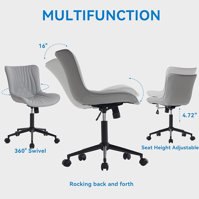 YOUNIKE Office Chair, Armless Desk Chair with Wheels, Adjustable Swivel Rolling Home Office Computer Task Chairs, Modern Faux Leather Upholstered Vanity Chair, Grey
