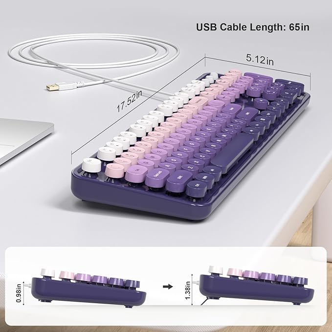 MOWUX Computer Keyboard Wired, Plug and Play USB Retro Round Typewriter Keyboard, Full Size Wired Keyboard with Foldable Stands for Laptop and Office PC- Purple Gradient