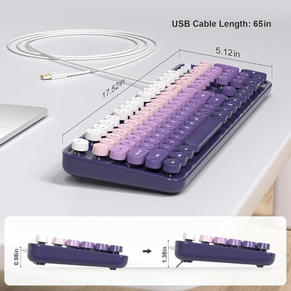 MOWUX Computer Keyboard Wired, Plug and Play USB Retro Round Typewriter Keyboard, Full Size Wired Keyboard with Foldable Stands for Laptop and Office PC- Purple Gradient
