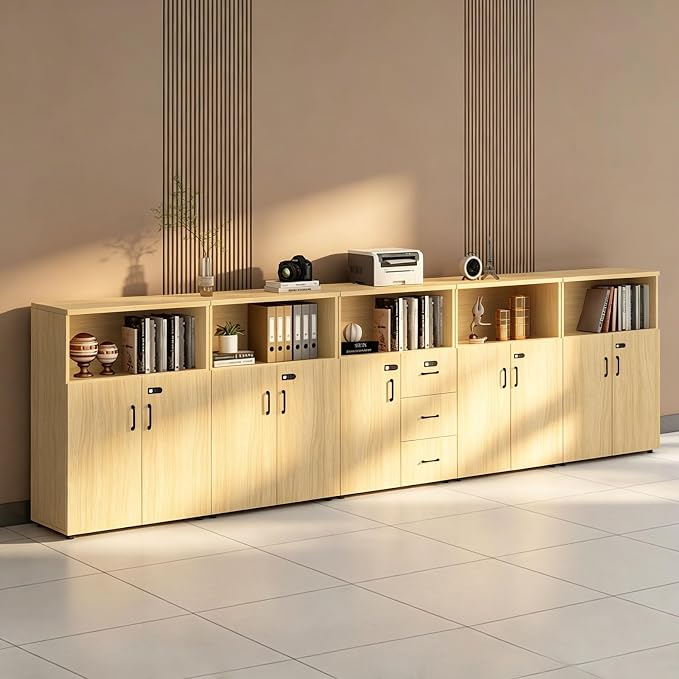 File Cabinet with Password Lock, Wood Lateral Filing Cabinet for Letter/A4 Files, 3 Drawer with Door, Printer Stand with Open Shelves for Home Office