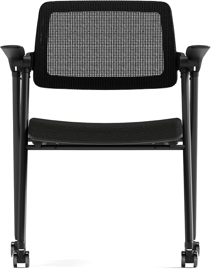 Stackable & Foldable Office Chair, Folding Desk Chair with Flip-Up Armrest, Breathable Mesh, Thick Seat Cushion & Rocking Backrest, Conference Room Chair with Wheel (Black，1)