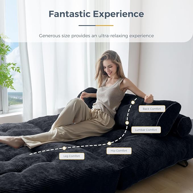 MAXYOYO Folding Sofa Bed, Convertible Chair with Pillow Foldable Couch with Back Support, Portable Fold Out Chair Bed Comfy Floor Sofa Lounge for Living Room Bedroom, Black Double