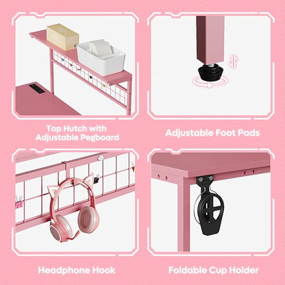 Bestier Gaming Desk 51" L-Shaped, with Power Outlets & LED Lights- 4 Tier Shelves, Reversible Gamer Table with Hooks & Cup Holder for Home Office Carbon Fiber Pink