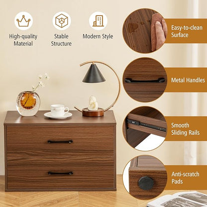 2 Drawer Lateral File Cabinet, Stackable Home Office Drawers, Under Desk Printer Stand, Low Storage Organizer, Horizontal Wooden Filing Cabinet for Study Living Room, No Wheels (1, Walnut)