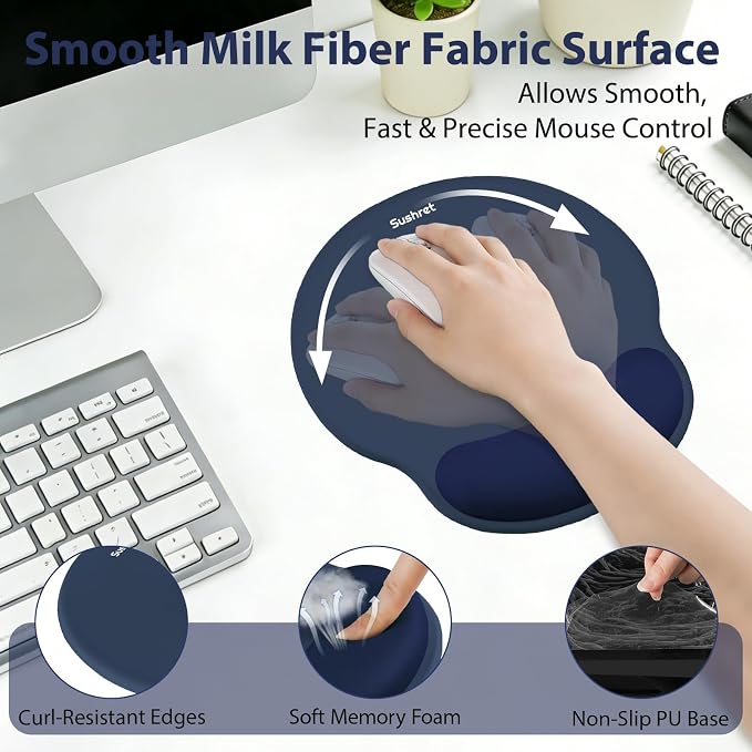 Sushret Mouse Pad and Keyboard Wrist Rest, 3-in-1 Gel Memory Foam Ergonomic Mouse Pad with Wrist Rest Set, Gaming Mousepad Arm Cushion Support for Computer Office Desk Accessories Cute Setup,Dark Blue
