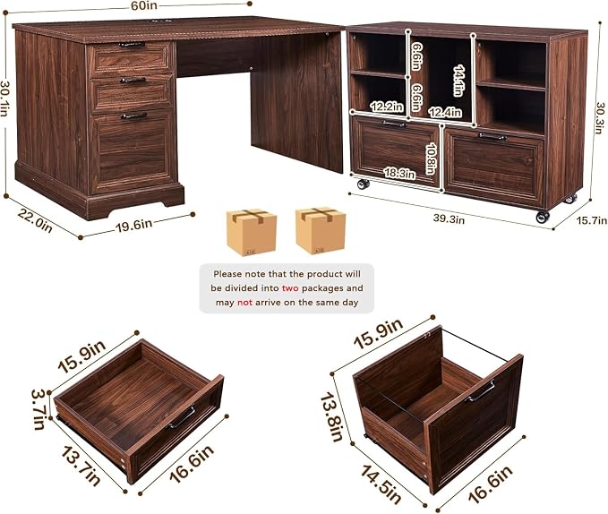 60" Farmhouse Executive Desk and 40" Mobile File Cabinet Combination,L Shaped Executive Desk with Charging Station,Home Office Desk for Office Work,Home Study (Walnut)