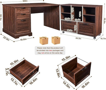 60" Farmhouse Executive Desk and 40" Mobile File Cabinet Combination,L Shaped Executive Desk with Charging Station,Home Office Desk for Office Work,Home Study (Walnut)