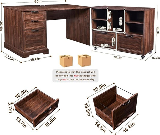 60" Farmhouse Executive Desk and 40" Mobile File Cabinet Combination,L Shaped Executive Desk with Charging Station,Home Office Desk for Office Work,Home Study (Walnut)