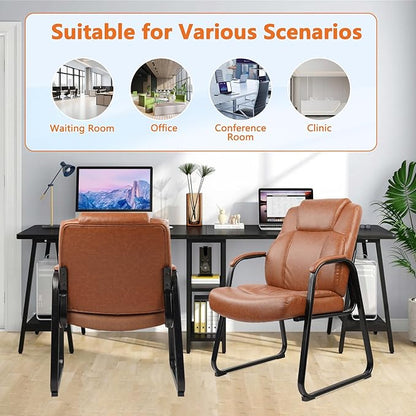 CLATINA Big & Tall 500 lb. Guest Chair, PU Leather Office Reception Chairs with Sled Base, Desk Chair No Wheels for Waiting Room Conference Lobby Computer Living Room, Brown, 2 Pack