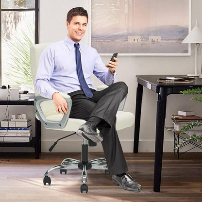 CLATINA Leather Office Executive Chair with Lumbar Support and Padded Armrestes, Swivel Rolling Ergonomic Mid Back Computer Task Desk Chair for Home, Conference, Waiting Room, White