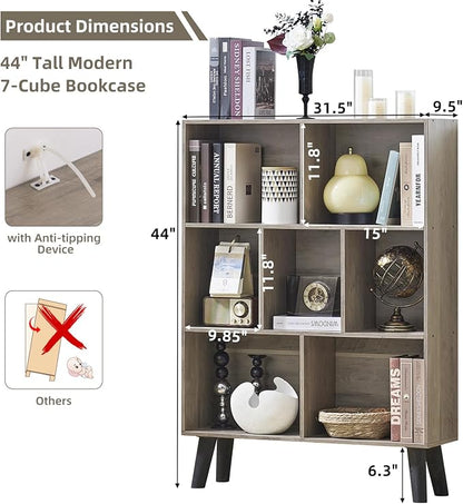 LEYAOYAO Cube Bookshelf 3 Tier Mid-Century Retro Grey Modern Bookcase with Legs,Retro Wood Bookshelves Storage Organizer Shelf,Freestanding Open Book Shelves for Bedroom,Living Room,Office