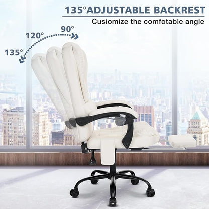 HOFFREE Massage Office Chair with Foot Rest 7 Points Vibration Ergonomic Executive Desk Chair Leather Computer Office Chair Beige