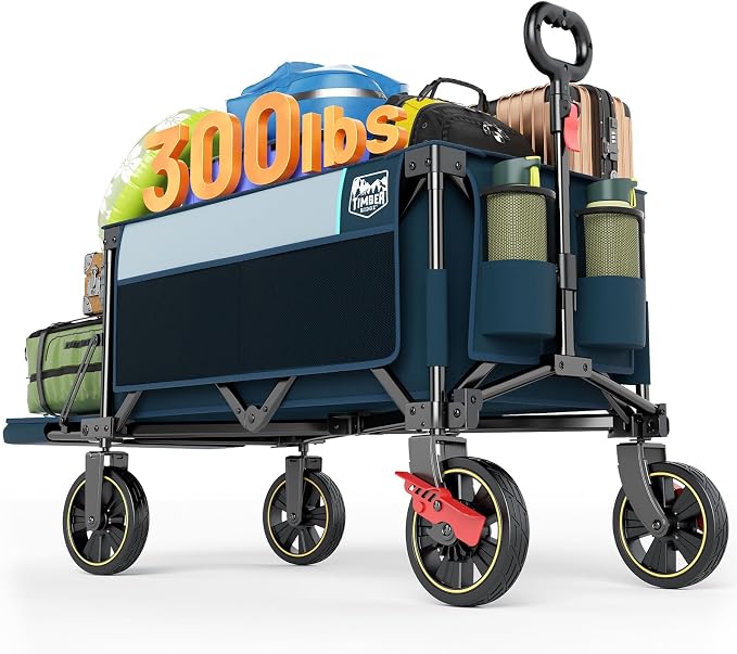 Timber Ridge 49" Collapsible Folding Wagon with Tailgate, 300lbs Heavy Duty Foldable Wagon with Wheels, 250L Capacity Portable Utility Cart for Outdoor Camping, Sports, Dogs, Blue