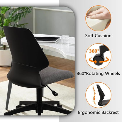 CLATINA Armless Home Office Chair, Desk Chair with Wheels, Adjustable Height Reading Chairs, Small Swivel Computer Chair, Comfy Upholstered Task Chair for Office Meeting, Black
