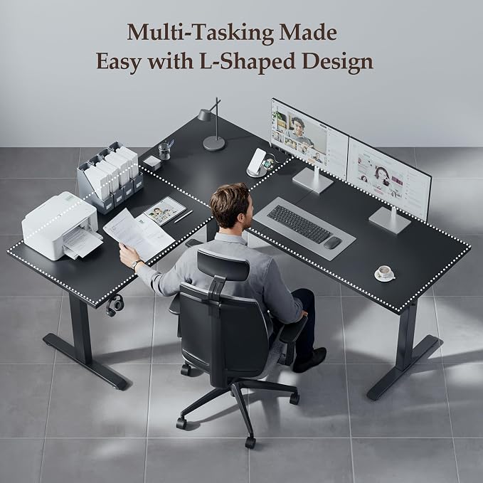 Klicelor L Shaped Standing Desk 63 x 55.1 Inch Dual Motors, Electric Height Adjustable Corner Desk for Home Office Workstation, Ergonomic Sit Stand Computer Table with Memory Controller, Black