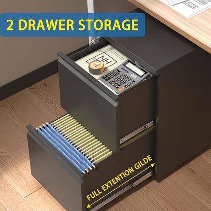 Guizeeopo 2 Drawer Locking File Cabinet, Fully Assembled Heavy-Duty Metal Filing Cabinets for Home Office, Quiet Slides, Anti-Tipping Wheels, Fits A4/Letter/Legal, Matte Black