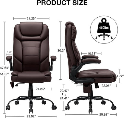 Big and Tall Office Chair 450lbs Heavy Duty Executive Desk Chair with Adjustable Lumbar Support High Back Ergonomic Home Computer Leather Chair with Padded Flip-up Arms for Heavy People,Brown