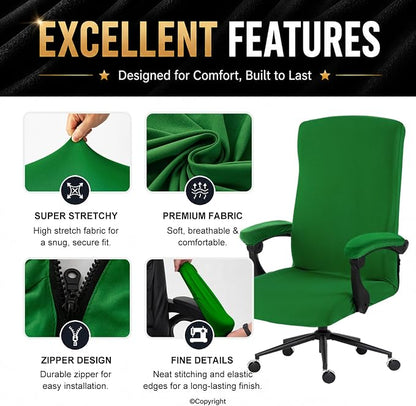 Stretch Computer Office Chair Cover with Armrest Covers Durable Zipper Universal Washable Removable Spandex Rotating Boss Chair Slipcovers Anti-dust Soft Desk Chair Seat Protector (Green)