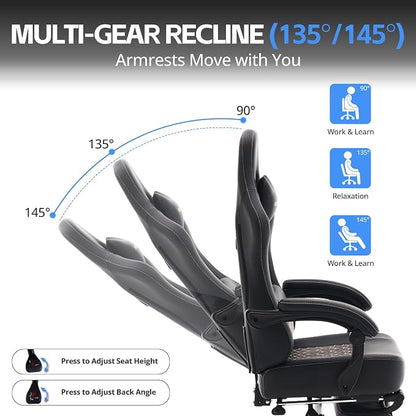 Desk Computer Gaming Chair - Ergonomic Game Office Chair with Extended Footrest and Massage Lumbar Support, Home Gamer Video Game Chairs with Spring Cushion for Adults (Pro Black Leather)