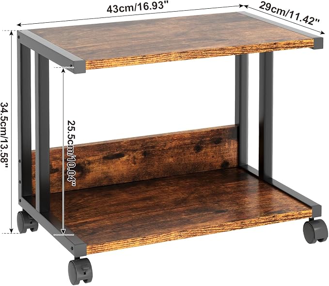 IBUYKE Under Desk Printer Stand,2 Tier Printer Cart,Mobile Home Desktop Organizer Shelf with 4 Wheels,for Fax, Home Office Use，Rustic Brown UTLJ007H