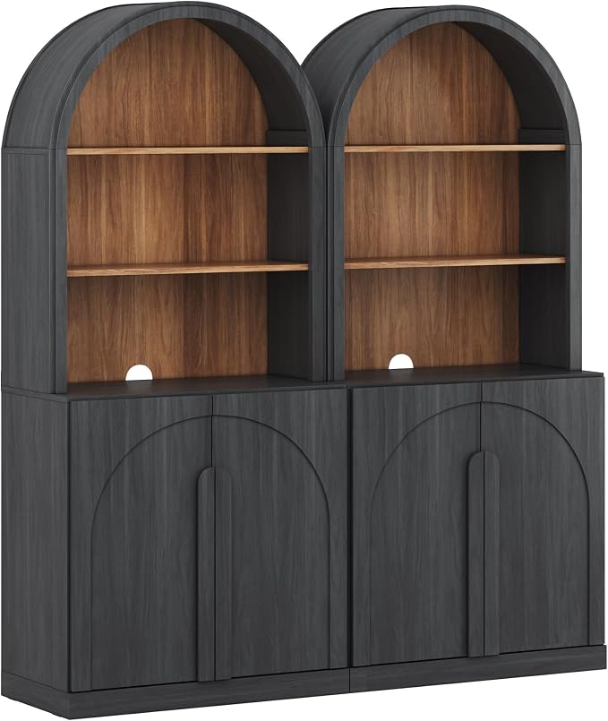 BELLEZE Set of 2 71"Tall Storage Cabinet with Arched Hutch, Wooden Sideboard Buffet Cabinet with Adjustable Shelves for Pantry Organizing, 5-Tier Modern Storage Unit for Living Room Home Office, Ebony