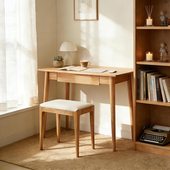 31" Solid Red Oak Narrow Writing Desk for Small Spaces – Drawer & Tapered Legs, Natural Wood Finish, Mid-Century Modern, Space-Saving for Bedroom（19.69" D x 29.92" H）