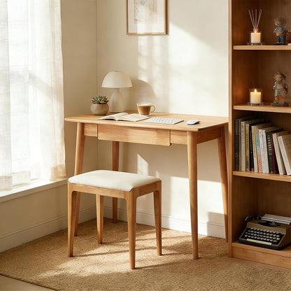 31" Solid Red Oak Narrow Writing Desk for Small Spaces – Drawer & Tapered Legs, Natural Wood Finish, Mid-Century Modern, Space-Saving for Bedroom（19.69" D x 29.92" H）